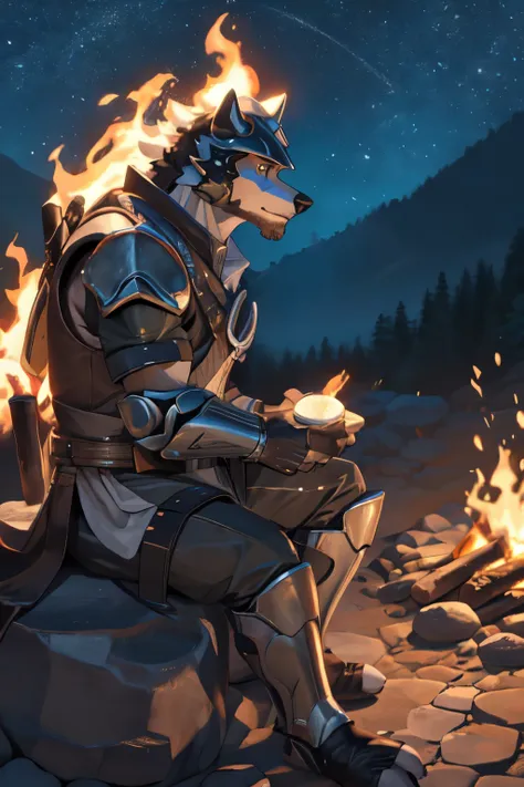 a man in armor sitting on a rock next to a fire