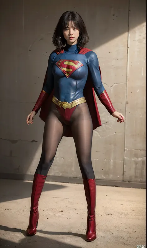 No background、She always has her mouth open、She always looks distressed、Always close your eyes、(((Beautiful legs in black tights.)))、(((Stretch your legs、expensive、あなたのsufferingを合法的に表現する)))、((((Make the most of your original images)))、(((Supergirl Costume)...