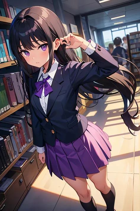 Elementary school girl　8-year-old　Flat chest　Black Hair　long hair　Purple Eyes　1 person　School Library　Are standing　Dynamic Angle　Low - Angle