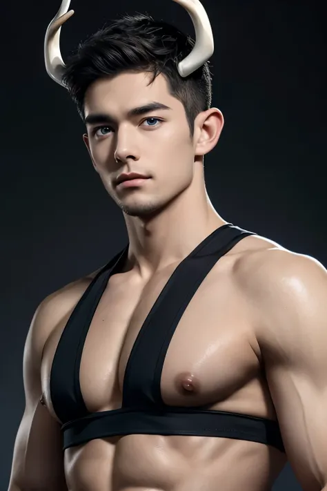 Caucasian man, thin nose, thin lips, blue eyes, black hair, black deer horn on his head, jock putfit, young handsome face, best quality,masterpiece,Ultra high detail,A handsome muscular man, completely black deer horn on his head, topless, black micro thon...