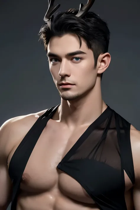 Caucasian man, thin nose, thin lips, blue eyes, black hair, black deer horn on his head, jock putfit, young handsome face, best quality,masterpiece,Ultra high detail,A handsome muscular man, completely black deer horn on his head, topless, black micro thon...