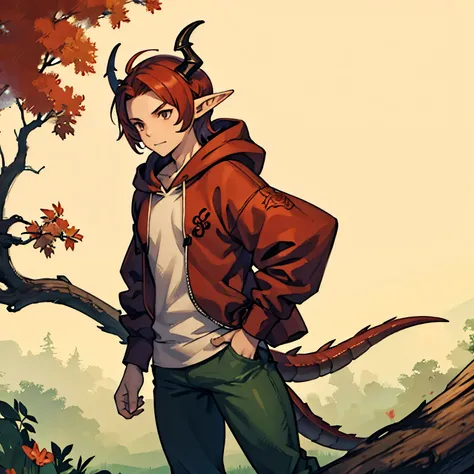 One male femboy with red hair and elf ears dragon horns and tail in baggy hoodie and tight pants has mowing lawn with thick thighs 