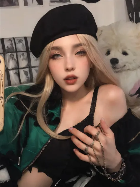 Blonde woman in black hat and green jacket holding a baseball bat., ava max, gothic girl aesthetic, chica perfecta de pelo blanco, bella delfina, pale gothic beauty, gothic aesthetic, 1 7 year old gothic girl, usando una gargantilla y un lindo sombrero, vi...