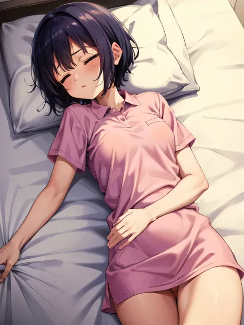 1. Beautiful girl in a pink polo shirt, short hair, Small breasts,Black Hair, No underwear, Hospital Beautiful Cute High Quality Short Sleeves Sleeping in Bed Sleeping Naked