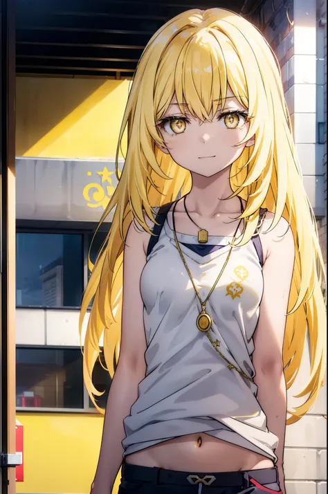 misakishokuhou, Misaki Shokuhou, Blonde, Hair between the eyes, Long Hair, (Symbol-shaped pupil:1.5), + +, (Yellow Eyes:1.5), (Medium chest:1.2),happy smile, smile, Open your mouth,hair band,Tank top shirt,Worn out short-sleeved jacket,Star Pendant,Belly b...