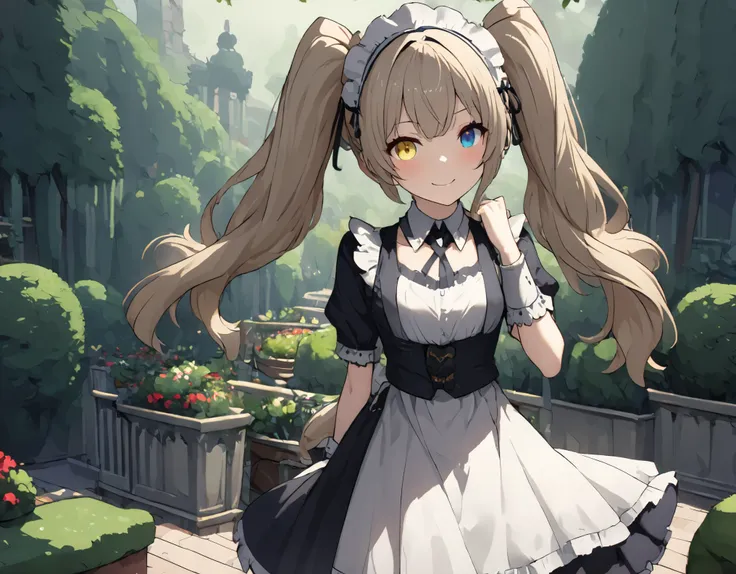 (((best quality ultra-detailed,unity 8k))),(edwardian Maid),heterochromia green eye yellow eye,smile,Garden of the mansion