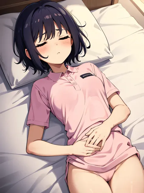 1. Beautiful girl in a pink polo shirt, short hair, Small breasts,Black Hair, No underwear, Hospital Beautiful Cute High Quality Short Sleeves Sleeping in Bed Sleeping Naked