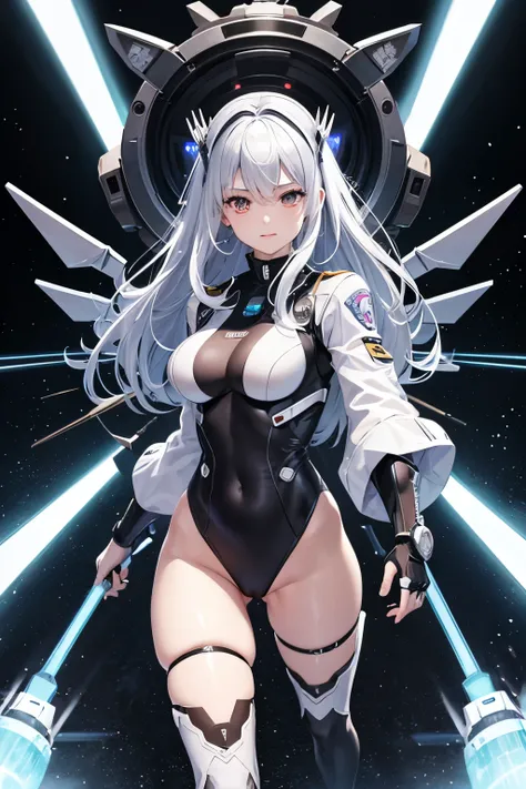 （（（highest quality、first-clasasterpiece、Normal body、8k、Detailed face、Ultra-precision、Normal hand、Normal finger、５Finger、）））Silver Hair、Machine Angel、Mechanical Wing、Large booster、Large thruster、Thought-guided remote-controlled weapon、Beam rifle、Beam irradia...