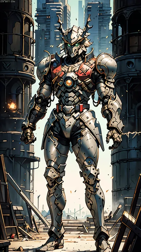 A man wearing a full-face helmet, a fantasy-style biomecha armored combat suit, green eyes, a composite layered chest armor, fully enclosed shoulder guards, matching arm and leg guards, the belt is adorned with dragon claw grasping orbs, primarily black wi...