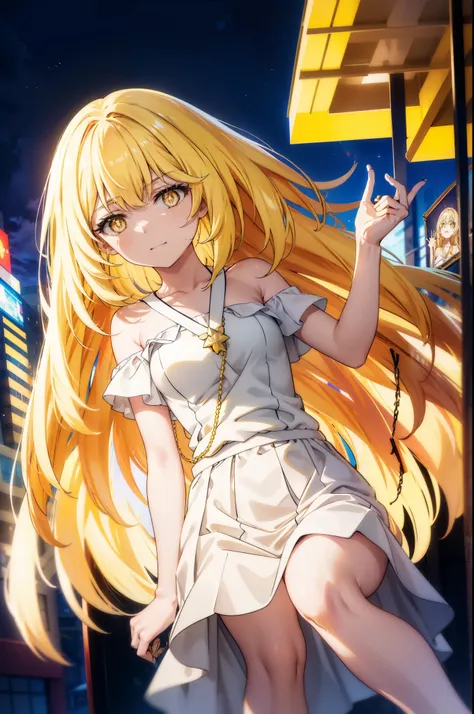 misakishokuhou, Misaki Shokuhou, Blonde, Hair between the eyes, Long Hair, (Symbol-shaped pupil:1.5), + +, (Yellow Eyes:1.5), (Medium chest:1.2),happy smile, smile, Open your mouth,Star Pendant,hair band,Yellow off-shoulder dress,Bare neck,Bare shoulders,b...