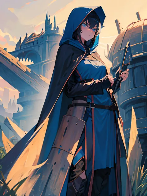 1girl, Black straight long hair, Blue eyes, (Detailed face), Full body, ((intense Blue medieval hood cape)), medieval, (Grasslands bakcground), masterpiece, black pants, (cute face), black hair, ((intense blue hood))