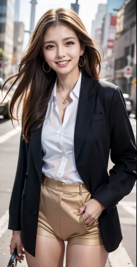 (masterpiece, highest quality, Realistic, Very detailed, In detail, High resolution, 8k wallpaper), Close up portrait of beautiful woman, Standing in the city, Earrings, necklace, Laughing happily, Light brown messy long hair, Wearing a black business suit...