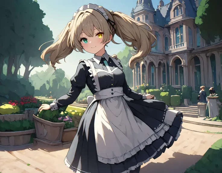 (((best quality ultra-detailed,unity 8k))),(edwardian maid),heterochromia green eye yellow eye,smile,garden of the mansion