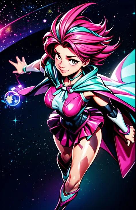 Digital painting of a woman with royal pink hair, super hero, muscle girl, pose, fist up, arm up, ((from above)), 1knee up, Behance Contest Winner, Afrofuturism, Synthwave, neon, glowing neon, sagging massive breasts, mini skirt with frill, cape, ribbon, s...