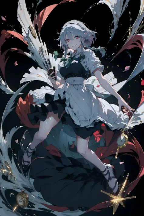 masterpiece, best quality, illustration, 1girl, solo, Izayoi Sakuya, (white short hair), maid headband, sharp eyes, (vivid color), light, thick smoke:1.6, (floating white ink:1.8), Cyan flame, (beautiful and clear background:1.25), (depth of field:0.7), Dr...