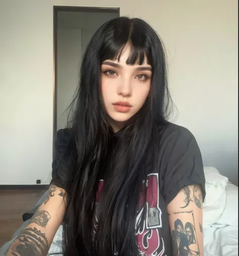 there is a woman with long black hair sitting on a bed, cabelo preto longo com franja, cabelo longo e escuro com franja, cabelo preto com franja, ela tem cabelo preto com franja, cabelo longo com franja, Franja preta, cabelo longo com franja completa, goth...