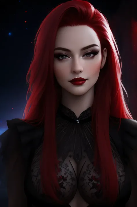 (Masterpiece - Ultra-Detailed, High Resolution) ((vivid red hair)), mature woman, 30 years old, diamond face, red starry sky background, depth of field, magic, big red lips, ((dark and black eyes)) black and red long and full dress, covered chest, mystical...