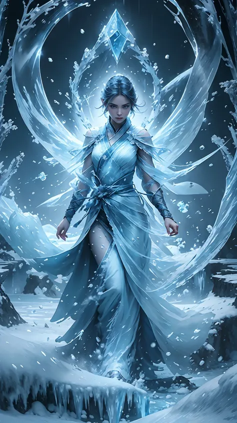 (((1 girl)))，imperial water，magician，（loose dress：1.5），（perfect facial features：1.4），（blue silk robe），（Mysterious magic array：1.2），Blue glow，（Frost Wings），(((Powerful ice magic)))，(((icicle)))，Towering above the wind，Blue light cold light，(((Ice storms)))，...