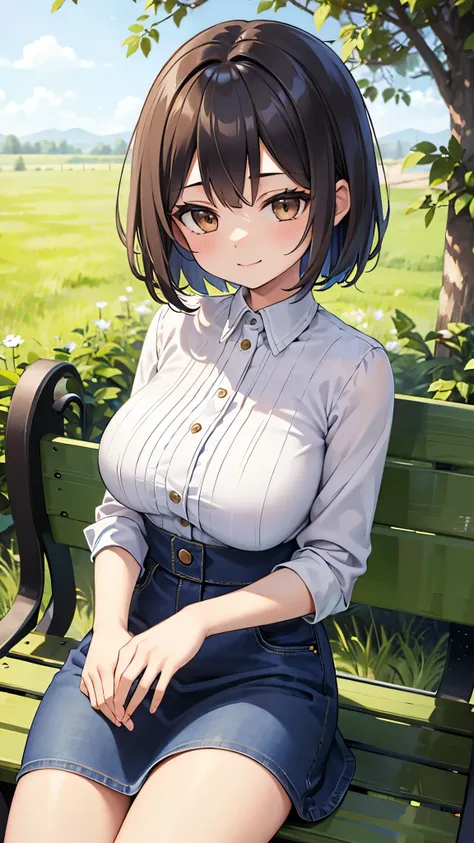 ((masterpiece,Intricate details)),One girl,Mature Woman,Bobcut,,Brown eyes,smile,,
BREAK Classic Denim Midi Skirt BREAK
, Grass is overgrown_area_and_wood_and_bench,,((Upper Body)),from ,:1.25,Depth of written boundary,View your viewers,