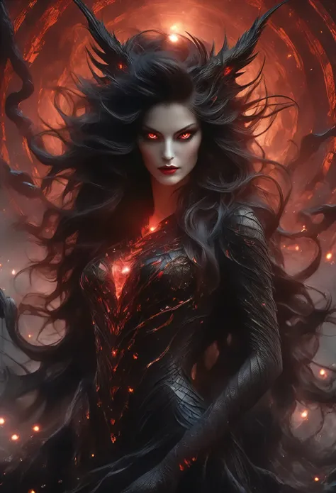 (Best quality,4k,8K,a high resolution,masterpiece:1.2),ultra detailed,(realistic,photorealistic,photo-realistic:1.37),sinister female demon from the depths of the universe with a terrifying face,Elegant appearance,cruel expression,pale skin and dark shadow...