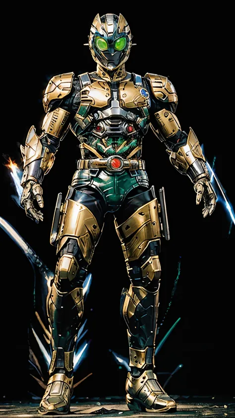 a man wearing a full-face helmet, a fantasy-style biomecha armored combat suit, green eyes, a composite layered chest armor, ful...