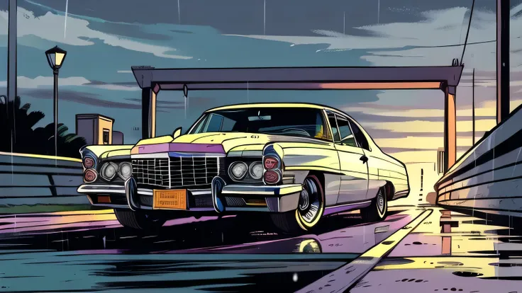 Dark beige1966 cadillac deville, slammed to yhe ground, pop art,  cartoonish style , sketch, detailed illustration, large wheels, wide bodykit ((([Dark grey background]))), under a bridge, green colour, night time, rainy weather