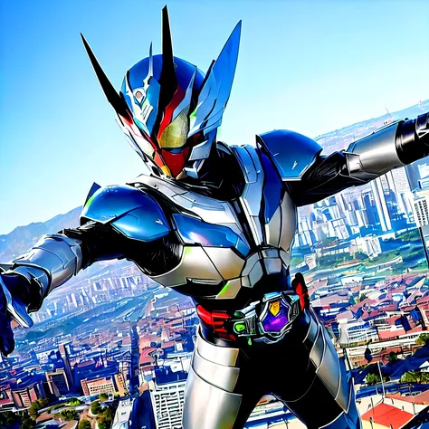 imagem arafada de um homem em uma fantasia prateada e vermelha, high fantasy kamen rider, kamen rider character, kamen rider act...