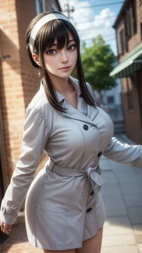 yorbriar, yor briar, black hair, (red eyes:1.5), earrings, white hairband, hairband, long hair, sidelocks, smile,
BREAK coat, trench coat,
BREAK outdoors, city, sky, sun, clouds,
BREAK looking at viewer, (cowboy shot:1.5),
BREAK (masterpiece:1.2), best qua...