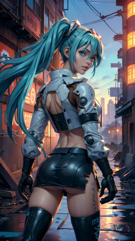 (La mejor calidad,A high resolution,Ultra - detallado,actual), Miku Hatsune, ,(Ruined alley Tokyo cyberpunk dungeon ruins background :1.4 ), pechos grandes, dynamic pose , (pelo verde colas gemelas) ,(miniskirt white corta:1.4), cabello muy largo) , Put yo...