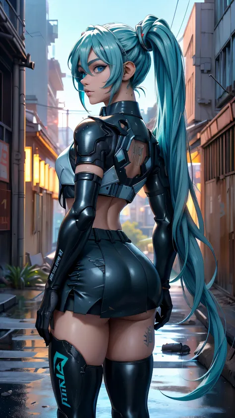 (la mejor calidad,a high resolution,ultra - detallado,actual), miku hatsune, ,(ruined alley tokyo cyberpunk dungeon ruins backgr...