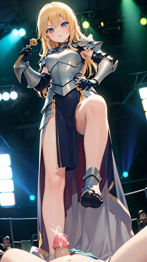 1girl、(11 year old female knight giving a footjob to a penis)、Expressionless、Long blonde hair、(Gorgeous princess dress)、White Princess Gloves、Small breasts、Thighs、Holding a thin sword in one hand、(foot on penis)、((sexy princess))、1boy、(penis)、(amazon posit...