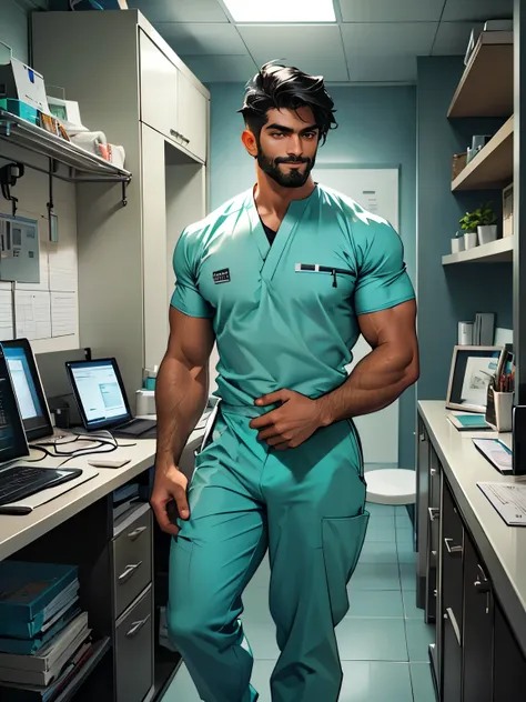 portrait of an indian male doctor, 30 years old, full black beard, (((beautiful symmetrical eyes))), intense sexy gaze, ((seduct...