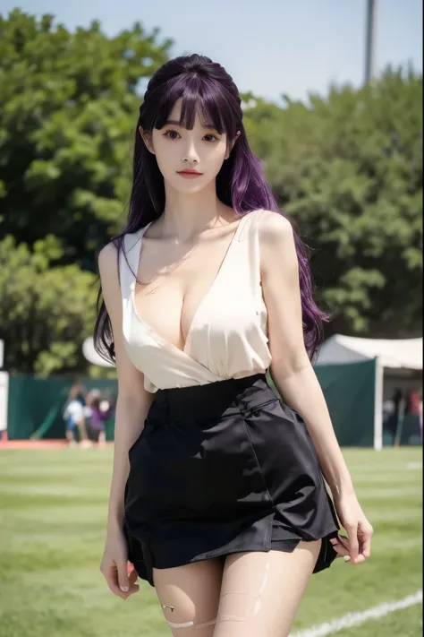 Beautiful woman with perfect body：1.4，Layered Hairstyle，Prominent cleavage，Highly detailed face and skin textures，Double eyelids，Skin Whitening，Long hair，Whitened long legs，Purple Hair，（Tight T-shirt，miniskirt，Black pantyhose）Standing on the sports field