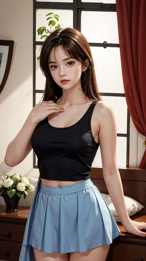 Masterpiece, best quality, super fine, 16k, 17years old, incredibly absurdres, extremely detailed, beautiful woman, amorous and lewd expression,  She is wearing a loose-fitting tank top, and mini skirt, superlative body proportion, bedroom,