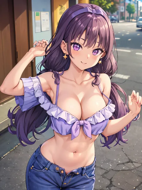 Amanogawa Kist, One girl, alone, Purple hair band, Star earrings, Purple shirt, Exposing shoulders, Off the shoulder、
Denim hot pants、 smile, View your viewers, Cowboy Shot, Are standing, 
street、belly button、Thighs、Big Breasts、 Cleavage、Groin、Purple Eyes、...