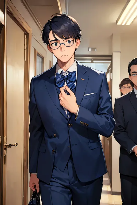 ((best quality)), ((masterpiece)), ((detailed)), (((perfect face))), (((18yo teen boy in navy blue suit))), (((glasses))), (((nervous))), (((big, wide eyes))), (((interior school corridor))), (((looking at viewer))), (((surprised:1.4))), (((mouth closed)))