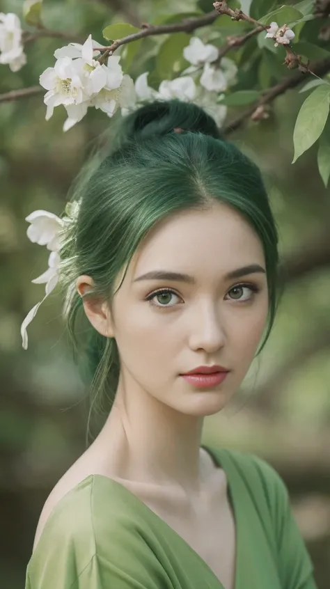 beautiful plant girl,Tree God,Green hair,With branches and leaves,Clear and refined face,(Close-up of the face),wearing leaf clothes,The background is forest,tmasterpiece,illustration