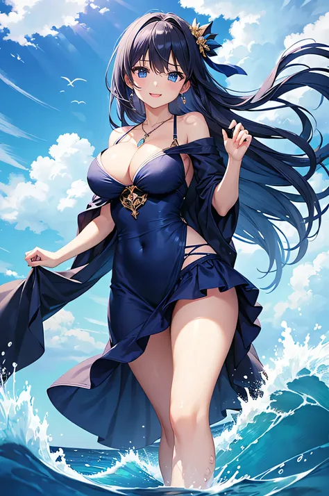 highest quality、Highest quality、masterpiece、beautiful girl、((1 female:1.5))、Navy blue long hair、blue eyes、Sexy bikini in dark blue、Big cleavage、(Big Breasts),smile、necklace、Blue earrings、situation(Swimming in the sea)、Open your mouth wide、Navy blue short s...