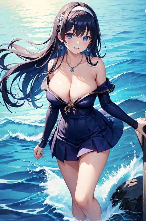 highest quality、Highest quality、masterpiece、beautiful girl、((1 female:1.5))、Navy blue long hair、blue eyes、Sexy bikini in dark blue、Big cleavage、(Big Breasts),smile、necklace、Blue earrings、situation(Swimming in the sea)、Open your mouth wide、Navy blue short s...