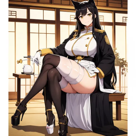 A woman wearing a white female military uniform with gold details, exposed thigh, long maroom stockings, white heels, golden medal, white gloves, big breasts, yellow eyes, very dark black hair, long hair, long neko ears, smiling, walking on a Japanese plat...