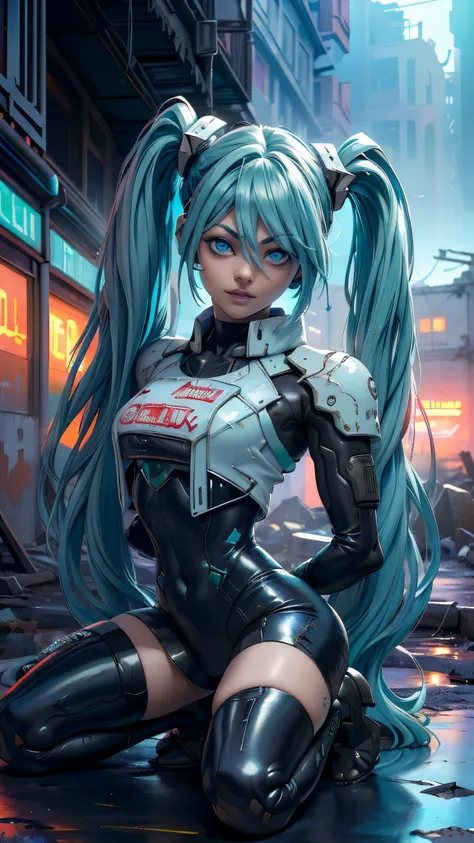 (la mejor calidad,a high resolution,ultra - detallado,actual), miku hatsune, ,(ruined alley tokyo cyberpunk dungeon ruins backgr...