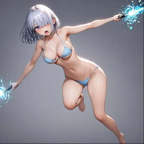 1girl, pretty girl face, very short haircut, hair covering left side of eyes, full body, wearing bikini, no clothing, big bust, round hips, light blue violet hair, mouth open, using magic, plain blank empty background, no effects