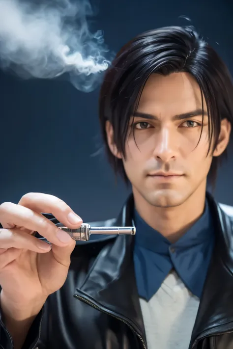 faça o personagem Roy Mustang de Full Metal Alchemist, like a former university professor looking like a 30 year old man, usando barba mullet , fumando um charuto, a noite