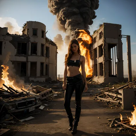 fashion model, Beautiful, slim, European appearance, background apocalypse, fire, Ruin 