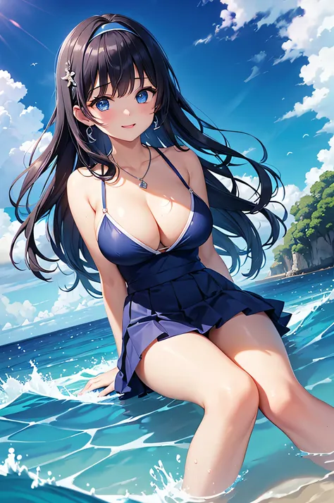 highest quality、Highest quality、masterpiece、beautiful girl、((1 female:1.5))、Navy blue long hair、blue eyes、Sexy bikini in dark blue、Big cleavage、(Big Breasts),smile、necklace、Blue earrings、situation(Swimming in the sea、Waveless ocean:1.3、You can see the sky)...