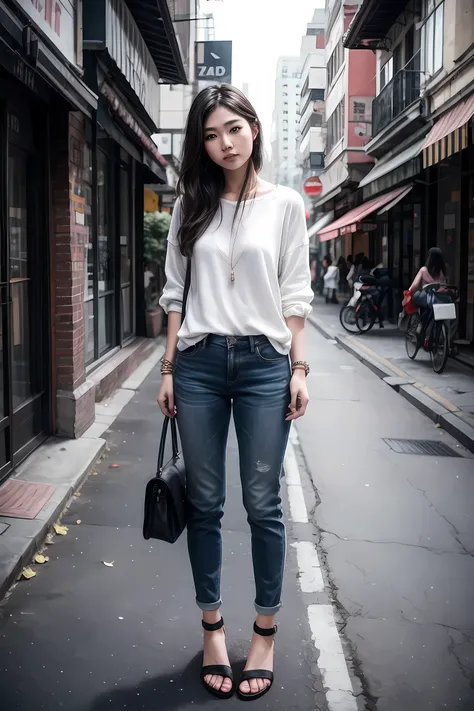 realistic photography ,asia female, casual outfit ,street ,solo
