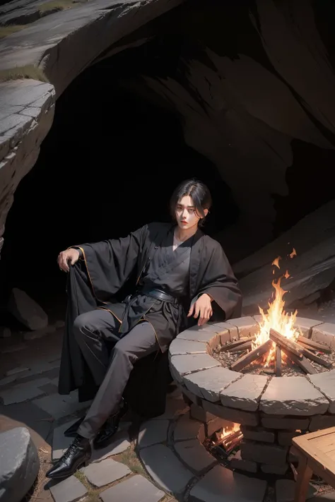 cartoon，Man in black robe sitting at stone table in 80s，Background cave，Gray environment，There is a bonfire