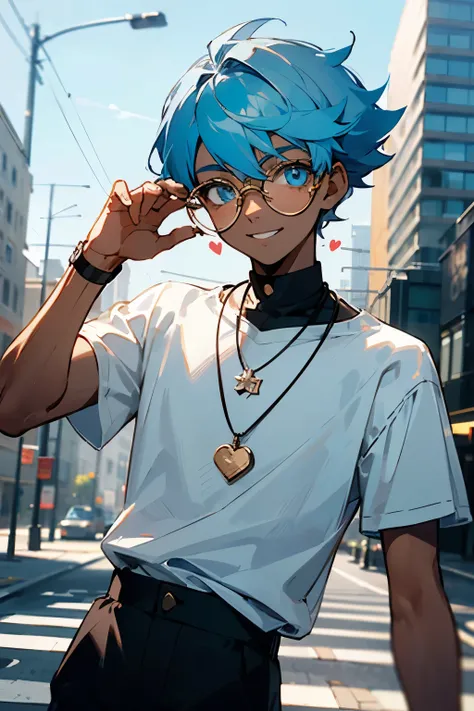 A black, dark skinned, 18-year-old boy in the middle of the bright city, with a nice smile, circular glasses, white T shirt and black pants with a heart necklace, light blue hair and light blue eyes