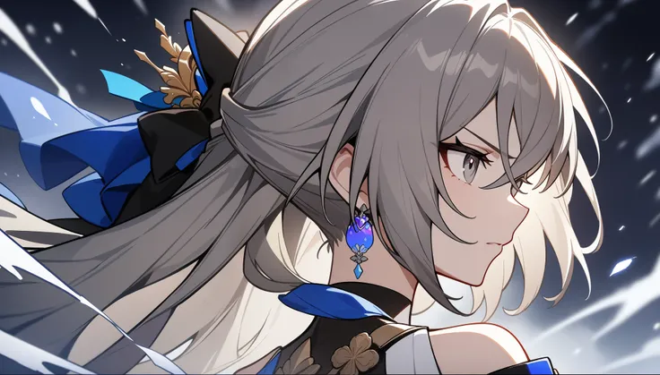 1girl, female focus, bronya, bronya rand, honkai star rail, masterpiece, best quality, close up, back turned, detailed grey eyes, side profile, determined expression, blizzard, snowy background, absurdres, epic composition, centered, masterpiece, clean lin...