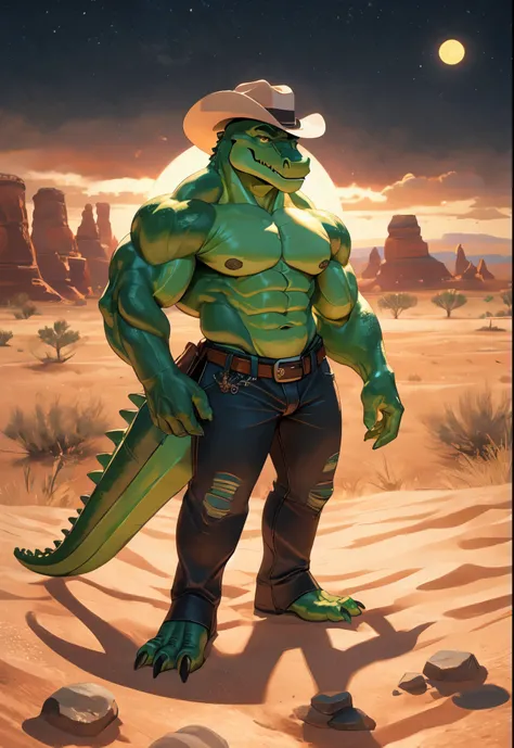 Male, anthro, muscular, bara, gummigoo, crocodile, gummy, cowboy, (cowboy), cowboy hat, gummy body, sweet, shiny body, 2-tone body, green skin fading to yellow, yellow and green skin, pink desert, greenish sky with yellow, desert, stones

